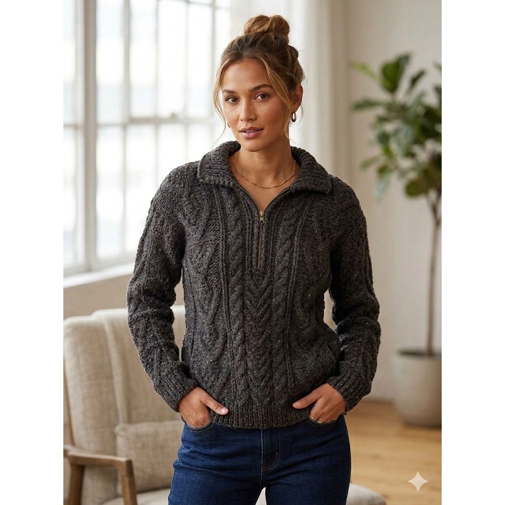 Handmade in Ecuador 100% Wool Cable Knit Full Zip Sweater Charcoal Gray Cardigan
